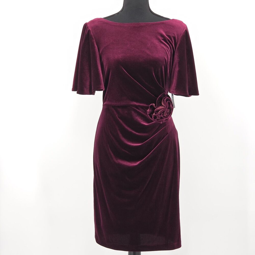 Jessica Howard Dress Size 6P Burgundy Velvet Rosette Winter Holiday Party